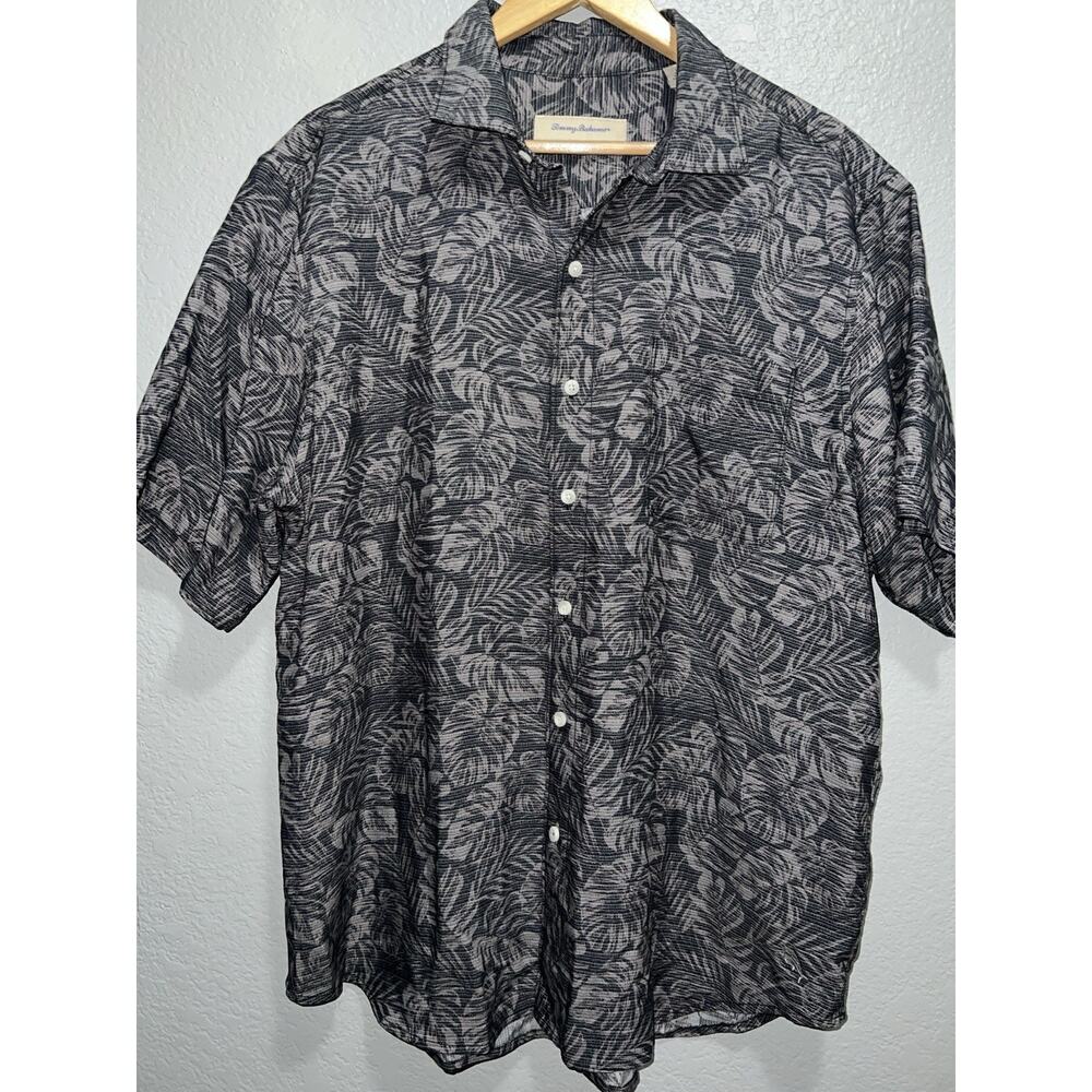 Tommy Bahama Hawaiian Shirt Mens Large Gray Palm Leaf Print Tencel Modal Beach